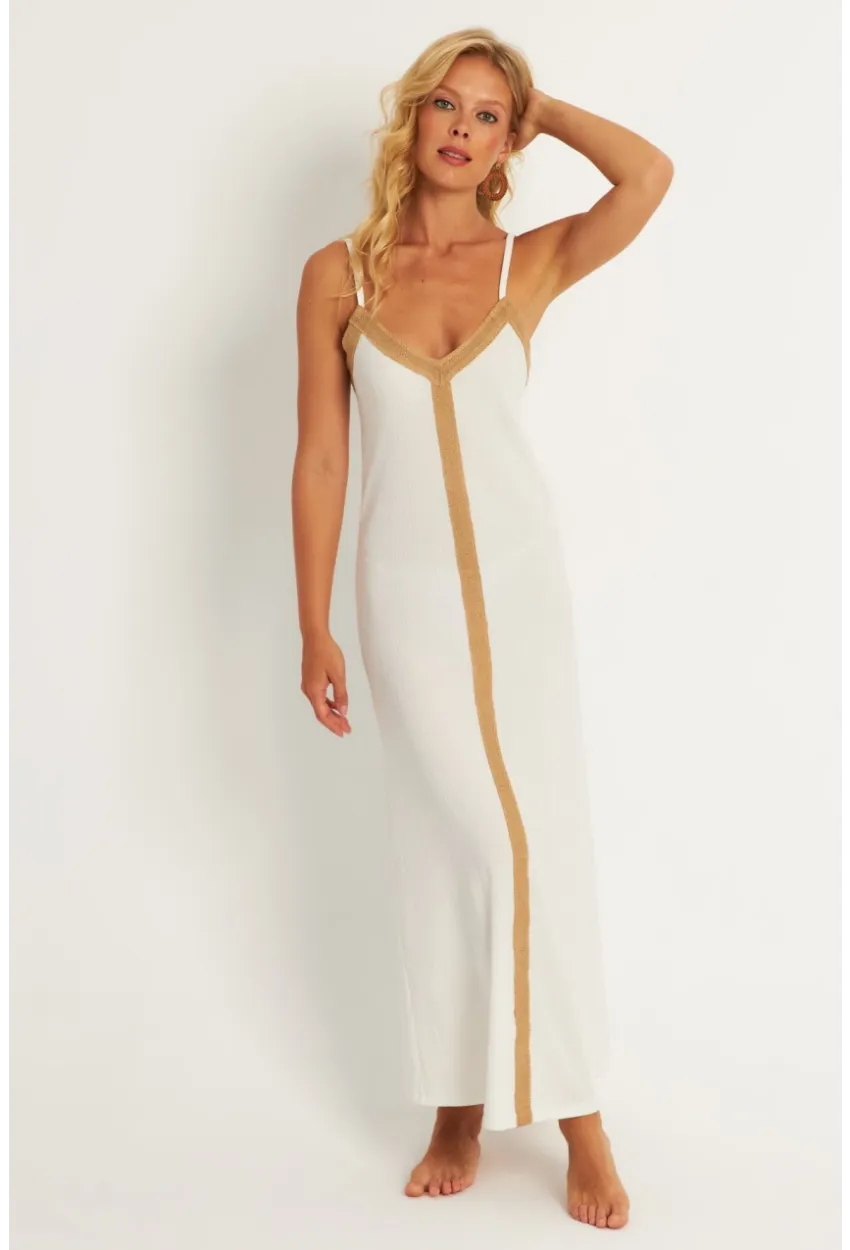 Kadın Ekru Aksesuarlı Bürümcük Midi Plaj Elbise EY2839