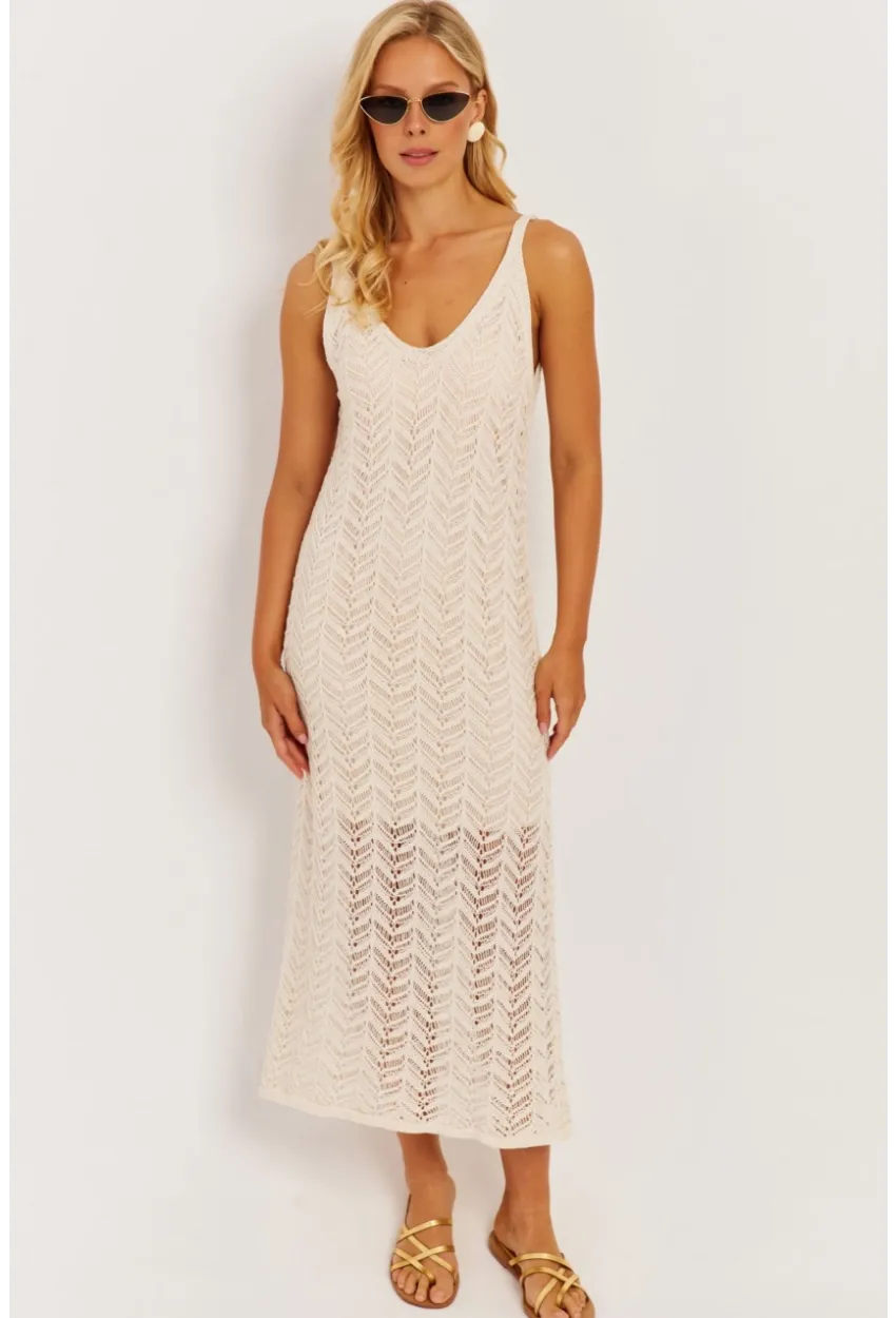 Kadın Ekru Askılı Astarlı Elbise YZ629