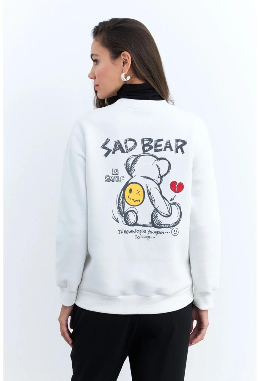 Kadın Ekru Ayıcık Baskılı Sweatshirt MZM288