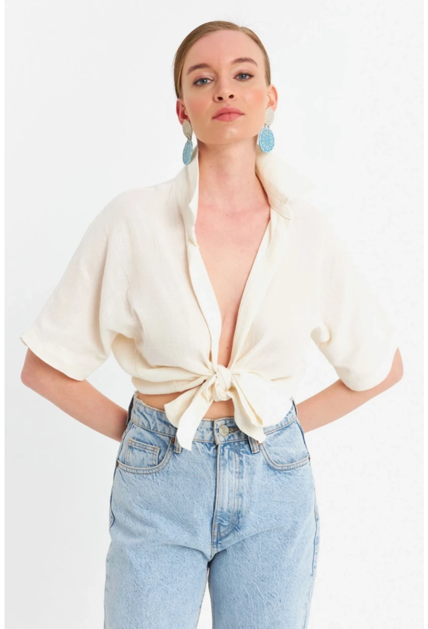 Kadın Ekru Bağlamalı Keten Bluz BTH16