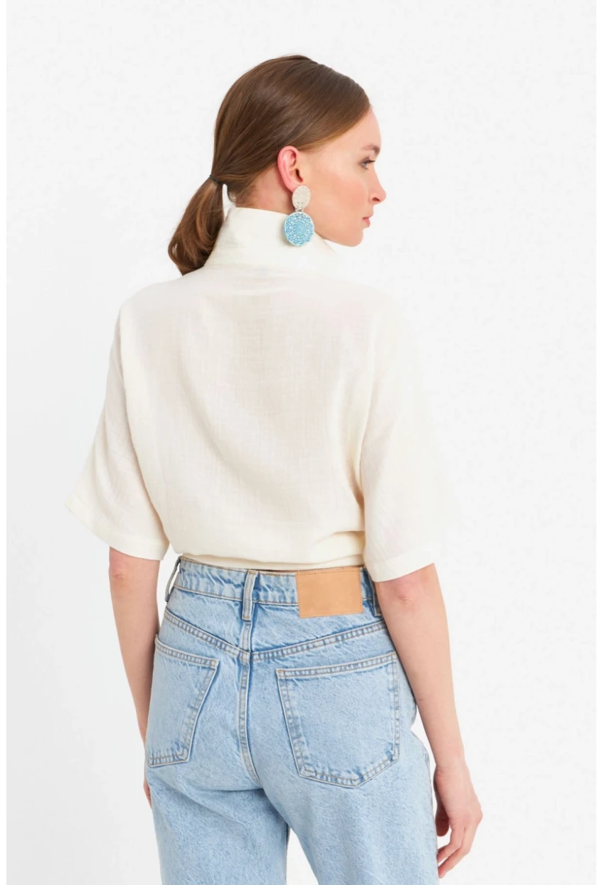 Kadın Ekru Bağlamalı Keten Bluz BTH16