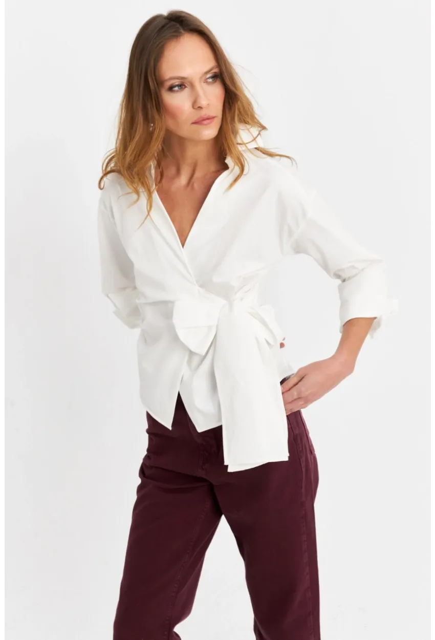 Kadın Ekru Bağlamalı Kruvaze Gömlek MFS9792