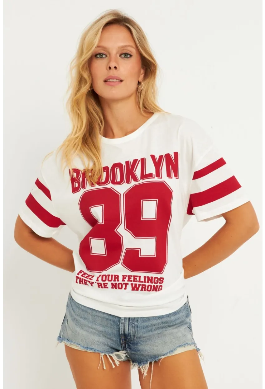 Kadın Ekru Baskılı T-Shirt AYD323