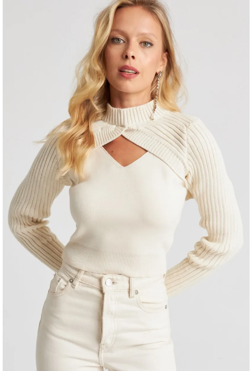 Kadın Ekru Bolerolu Triko Takım YZ524