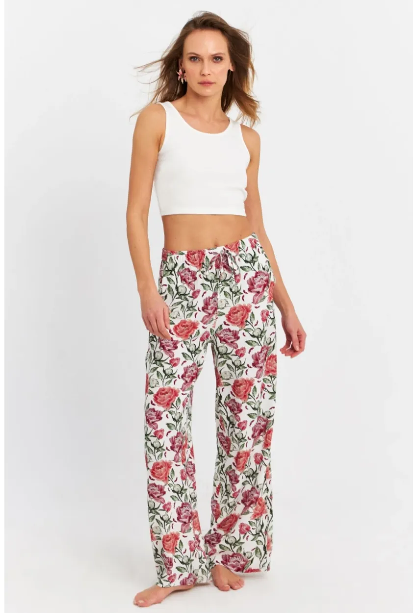 Kadın Ekru-Bordo Çiçek Desenli Pantolon FLS03