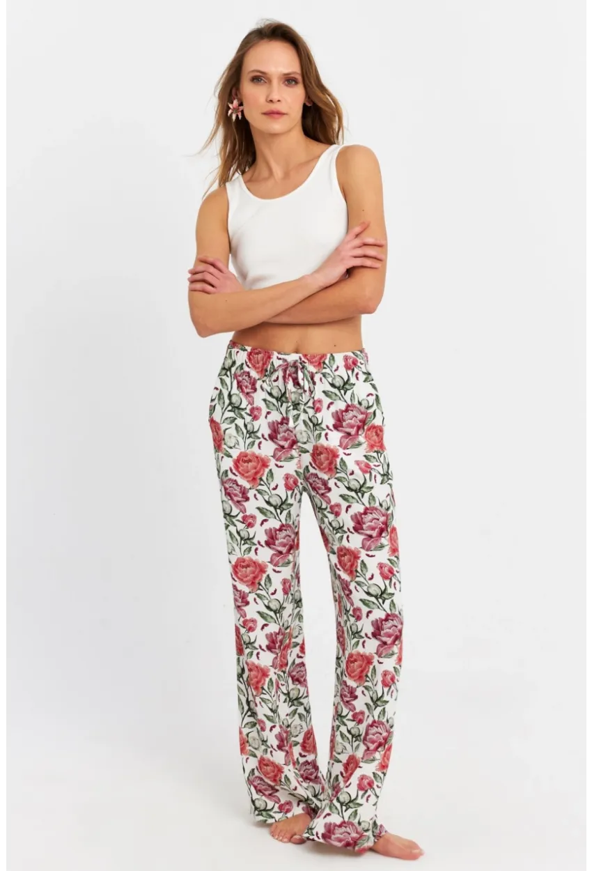 Kadın Ekru-Bordo Çiçek Desenli Pantolon FLS03