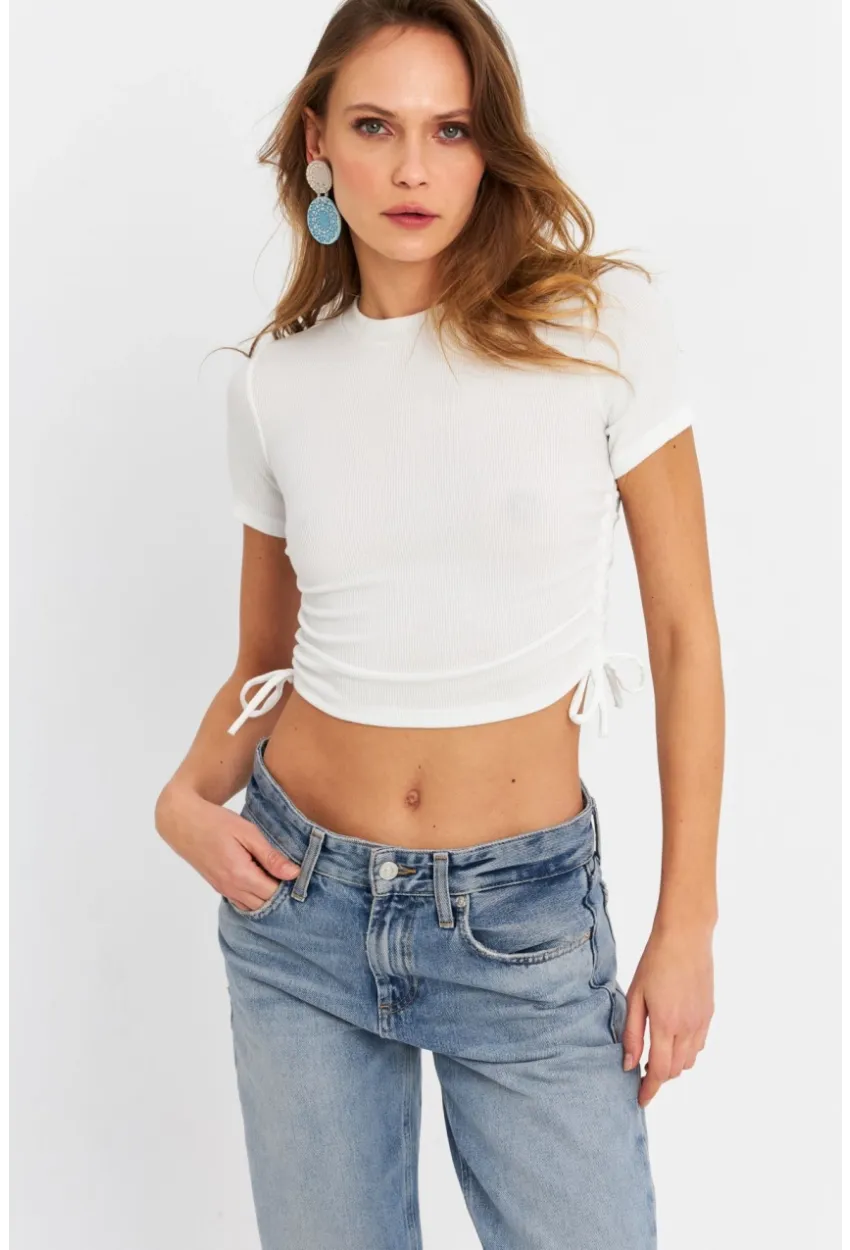 Kadın Ekru Büzgülü Crop Bluz ANT103
