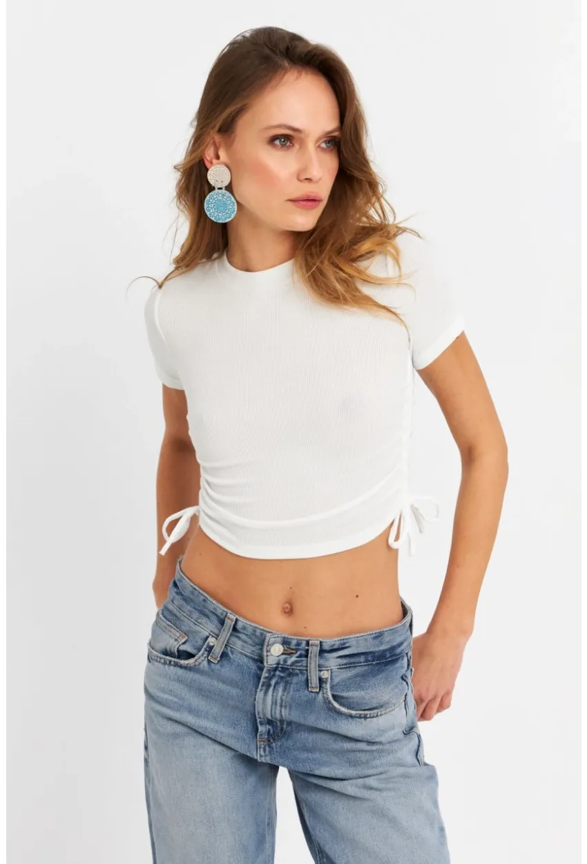 Kadın Ekru Büzgülü Crop Bluz ANT103