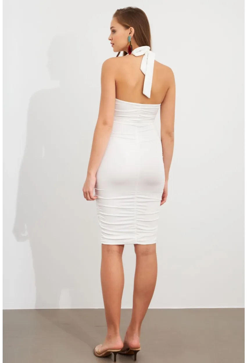 Kadın Ekru Büzgülü Mini Elbise DCF033-90