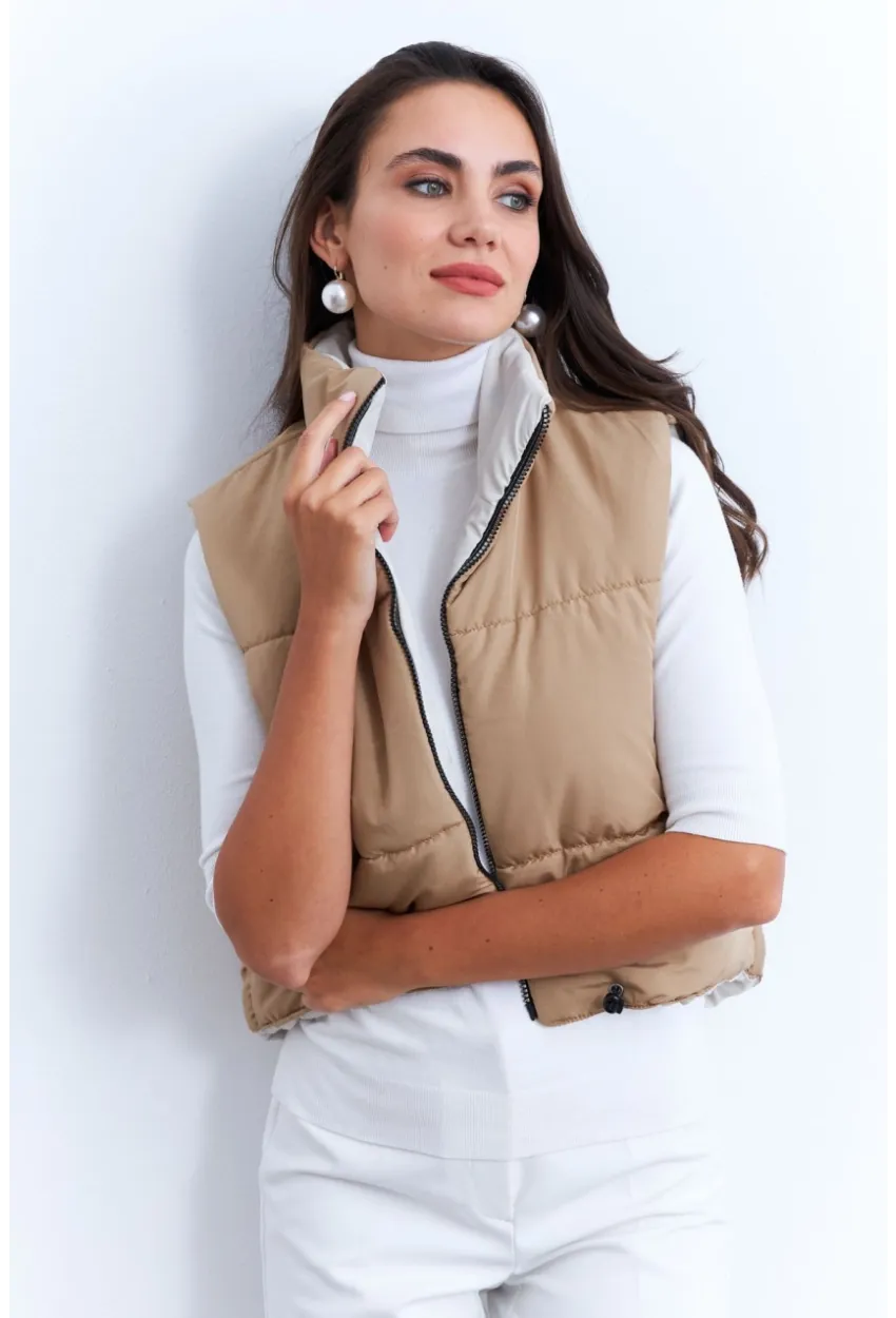 Kadın Ekru-Camel Çift Taraflı Şişme Kısa Yelek MX12