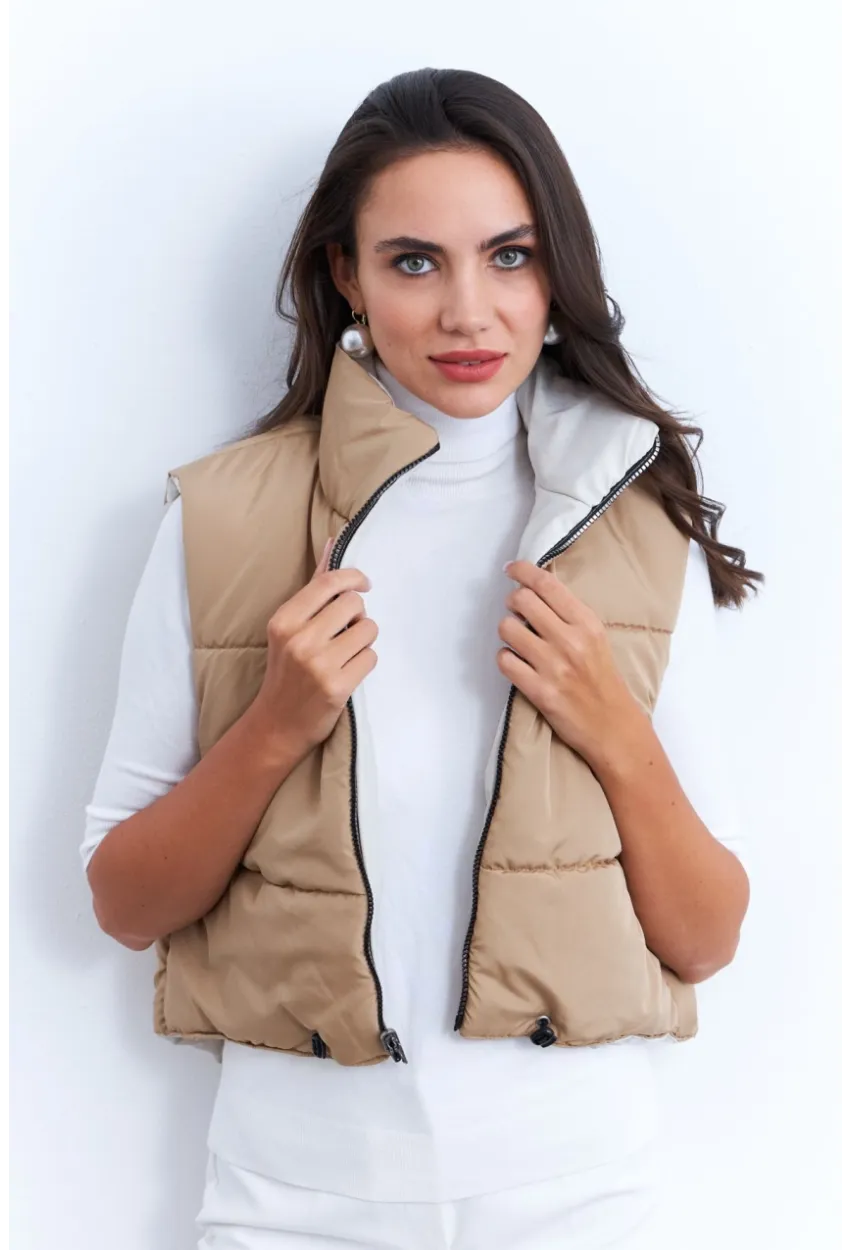 Kadın Ekru-Camel Çift Taraflı Şişme Kısa Yelek MX12