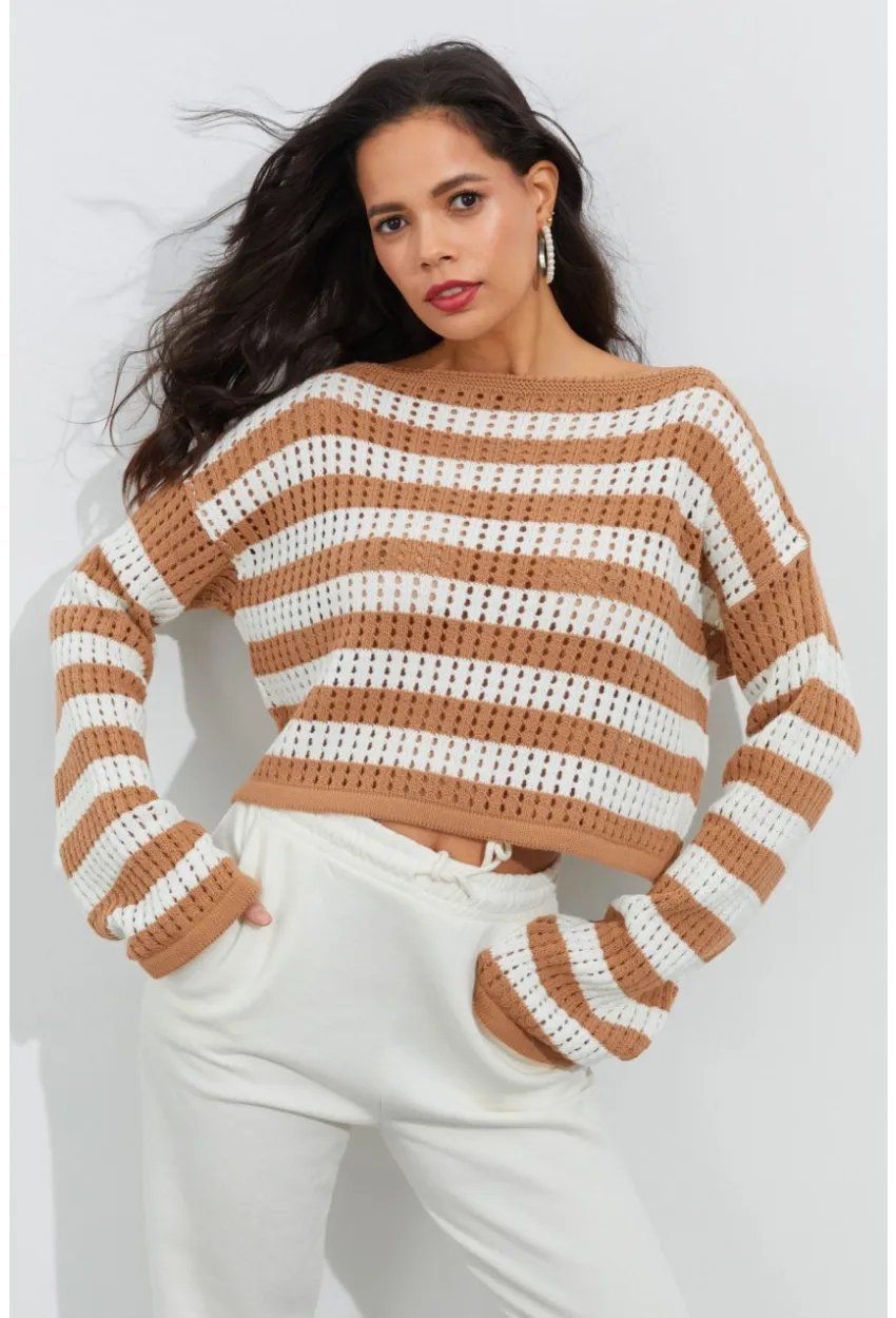 Kadın Ekru-Camel İspanyol Kol Ajurlu Triko Kısa Bluz YV109