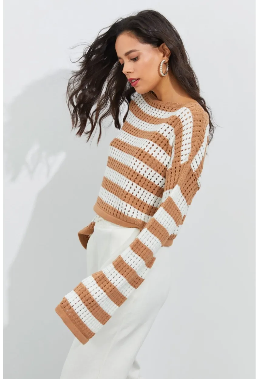 Kadın Ekru-Camel İspanyol Kol Ajurlu Triko Kısa Bluz YV109