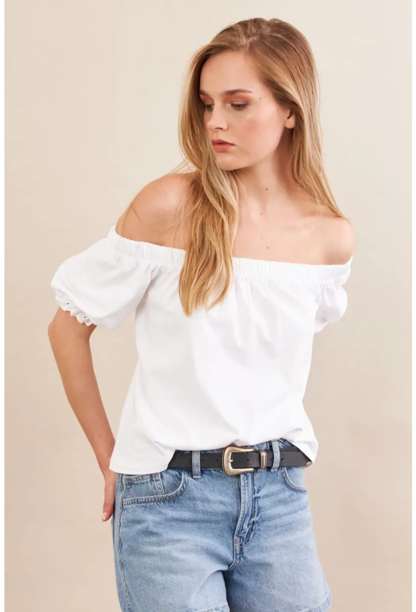 Kadın Ekru Carmen Yaka Balon Kol Bluz SAN106