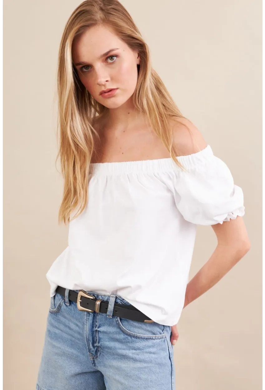 Kadın Ekru Carmen Yaka Balon Kol Bluz SAN106