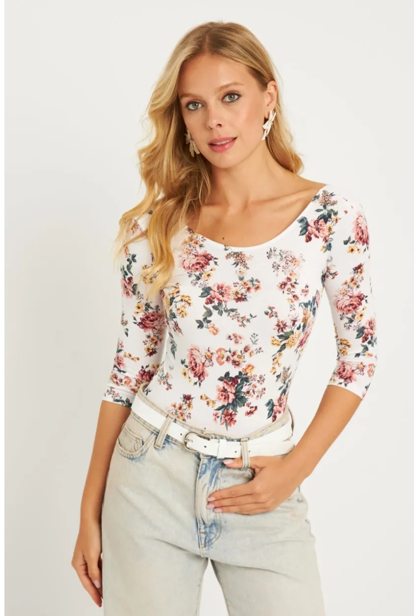 Kadın Ekru Çiçek Desenli Çıtçıtlı Body RK40