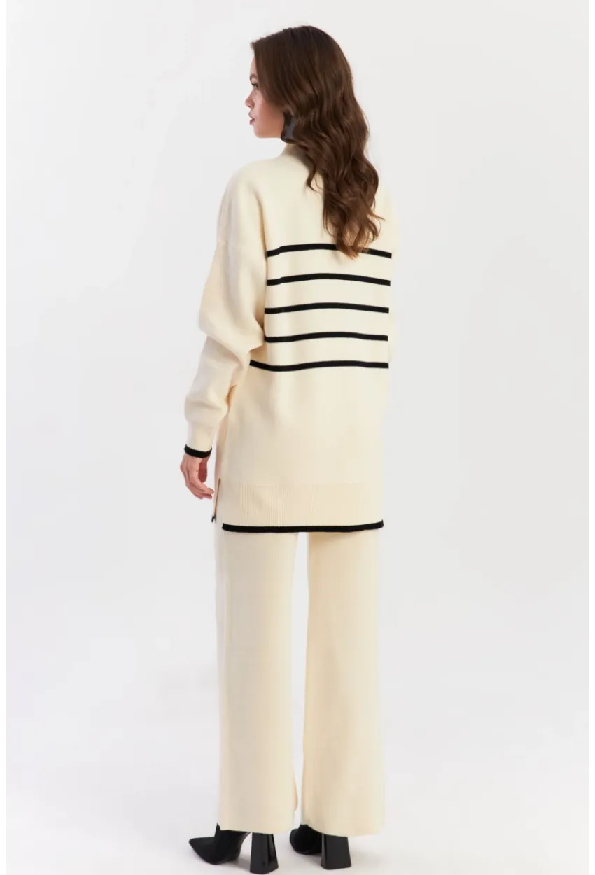Kadın Ekru Çizgili Alt Üst Triko Takım NUV1069