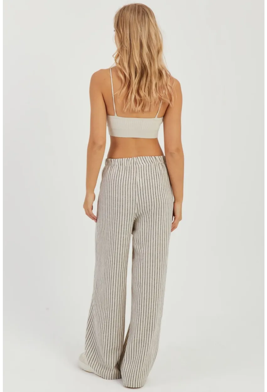 Kadın Ekru Çizgili Keten Pantolon Q986