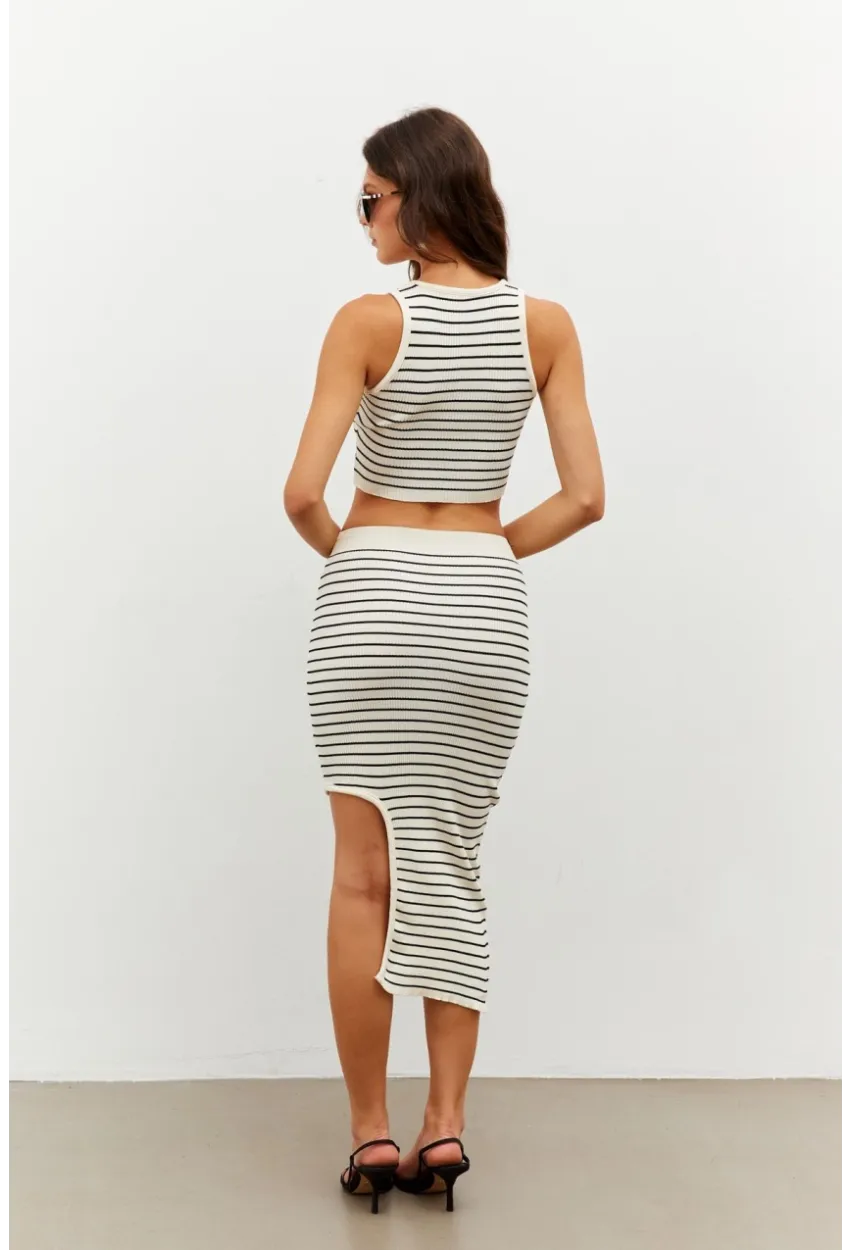 Kadın Ekru Çizgili Yırtmaçlı Alt Üst Takım KZ2468