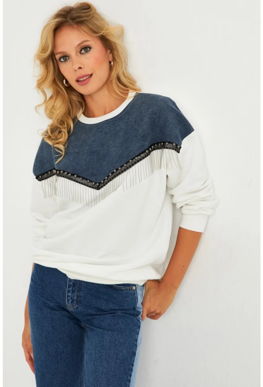 Kadın Ekru Denim Bloklu Sweatshirt PKA808