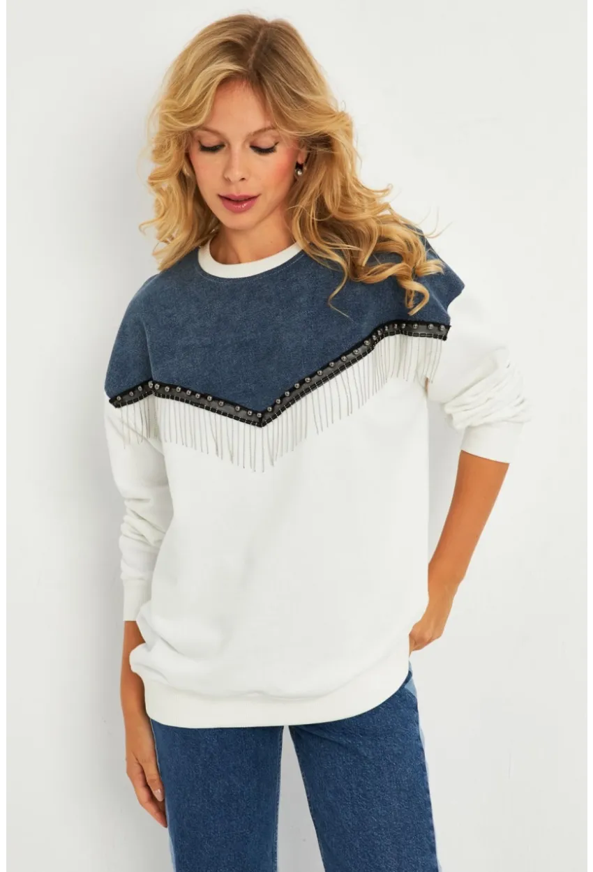 Kadın Ekru Denim Bloklu Sweatshirt PKA808