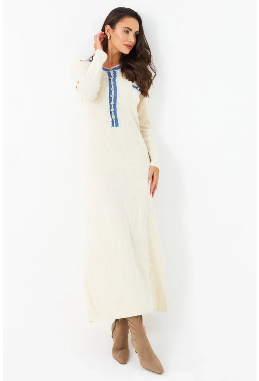 Kadın Ekru Denim Detaylı Maxi Elbise MQAS200