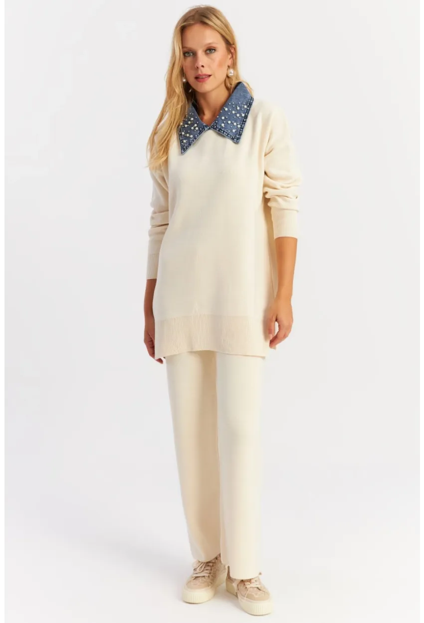 Kadın Ekru Denim Yakalı İncili Alt Üst Triko Takım NUV22