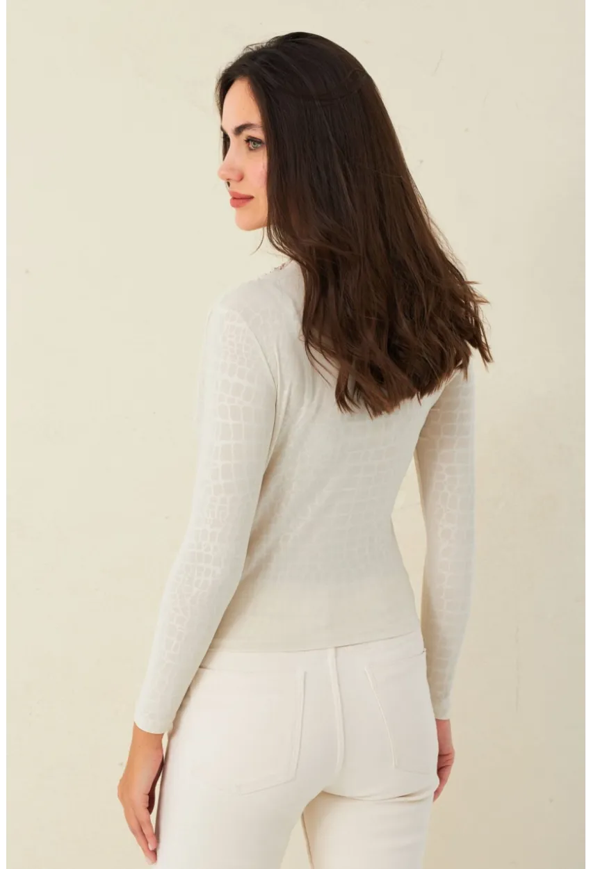 Kadın Ekru Desenli Büzgülü Bluz LPP1279