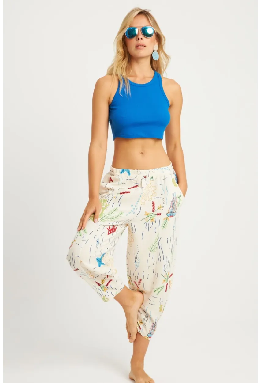 Kadın Ekru Desenli Keten Şalvar Pantolon K1253