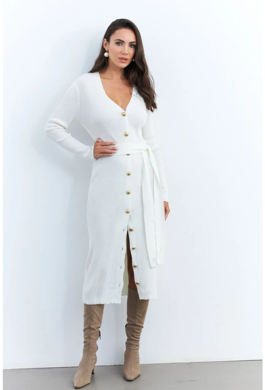 Kadın Ekru Düğme Detaylı Kuşaklı Midi Elbise MŞ1