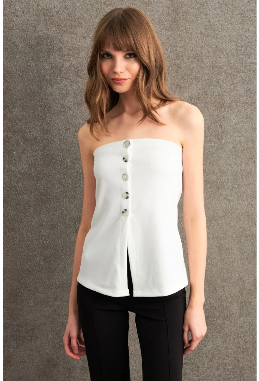 Kadın Ekru Düğme Detaylı Straplez Bluz CY355