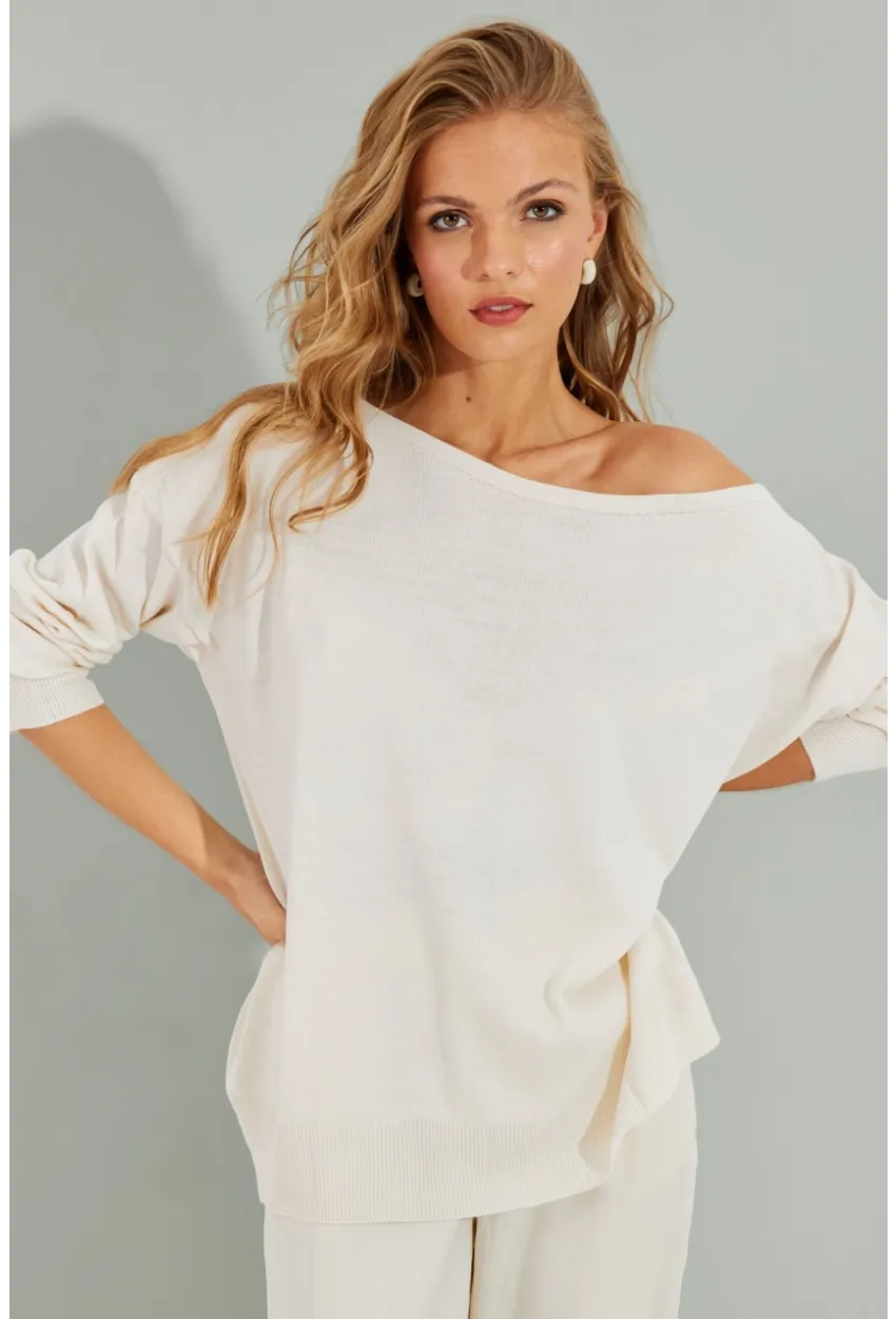 Kadın Ekru Düşük Omuz Triko Bluz YZ617