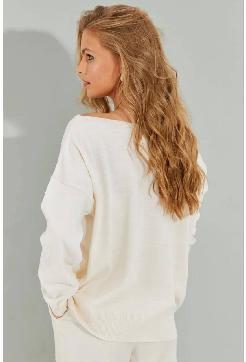 Kadın Ekru Düşük Omuz Triko Bluz YZ617