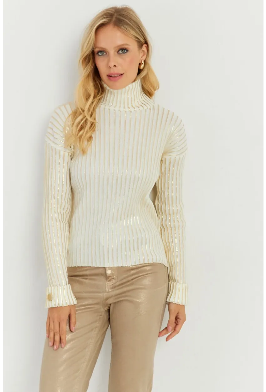 Kadın Ekru-Gold Düğme Detaylı Varaklı Triko Kazak SF2532