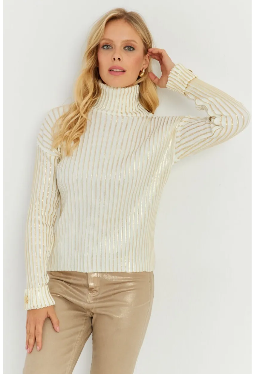 Kadın Ekru-Gold Düğme Detaylı Varaklı Triko Kazak SF2532