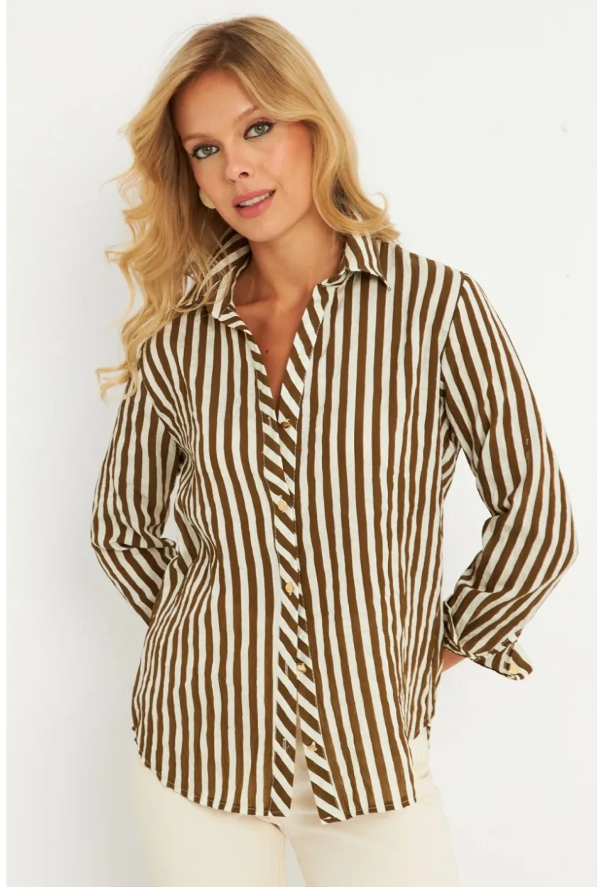 Kadın Ekru-Haki Çizgili Gömlek KED709