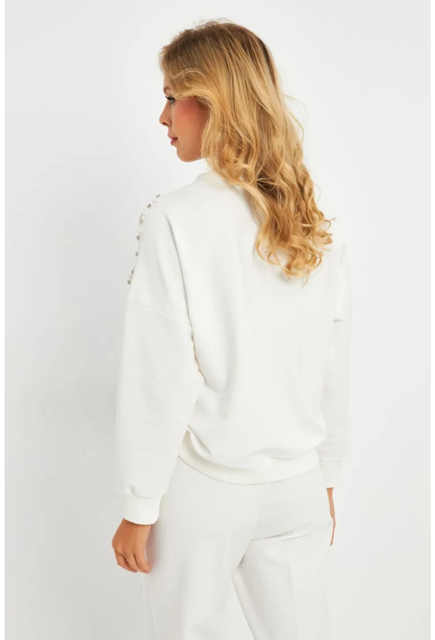 Kadın Ekru İnci Detaylı Büzgülü Sweatshirt RLO04
