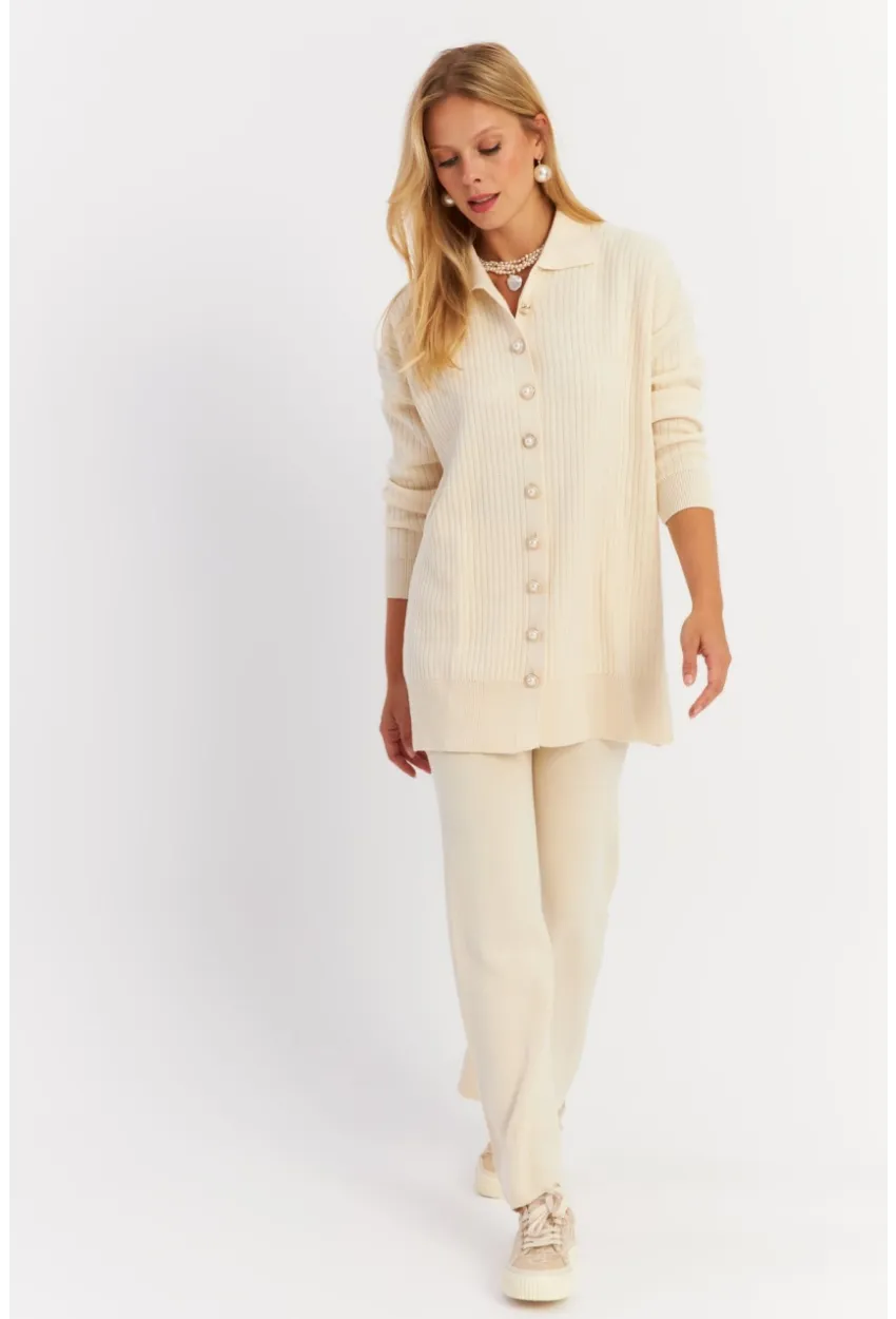 Kadın Ekru İnci Düğmeli Hırka Triko Alt Üst Takım MNUV26