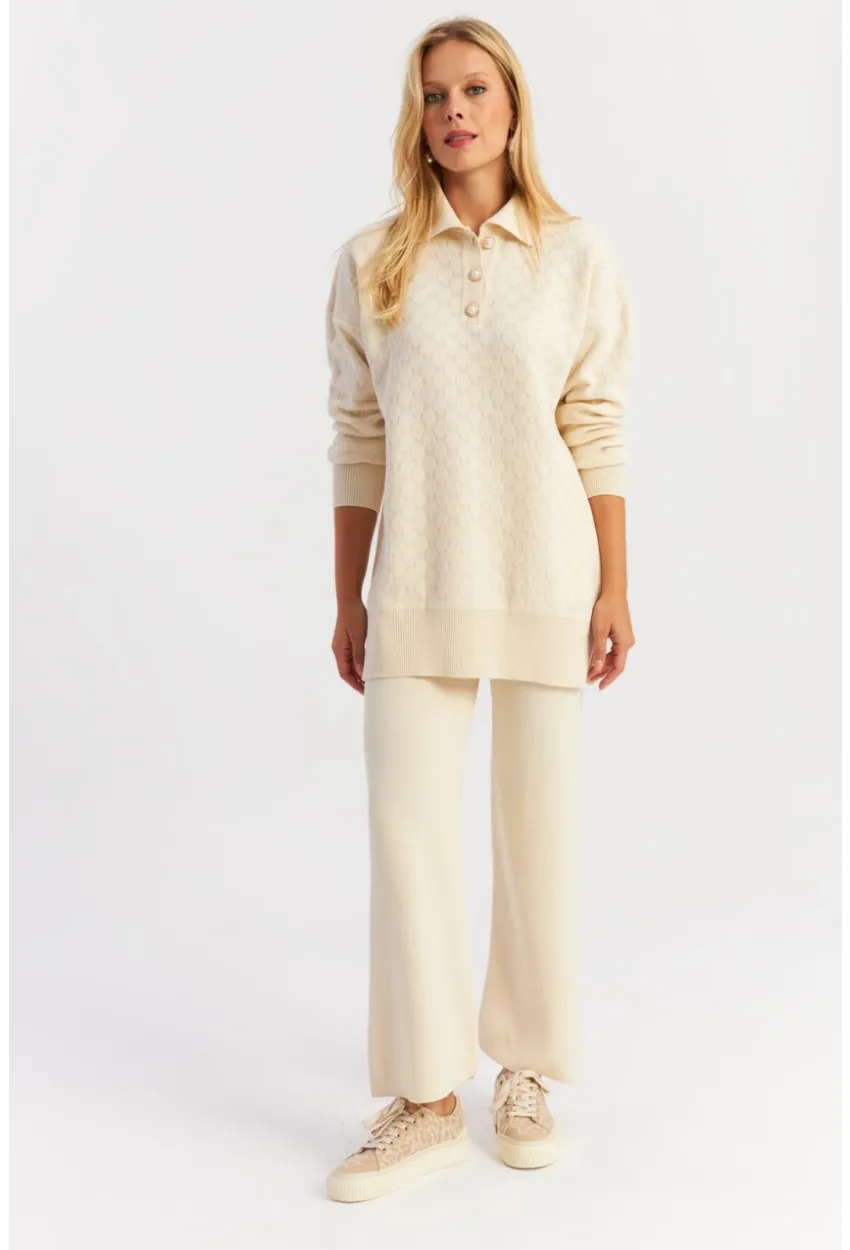 Kadın Ekru İnci Düğmeli Triko Alt Üst Takım NUV33