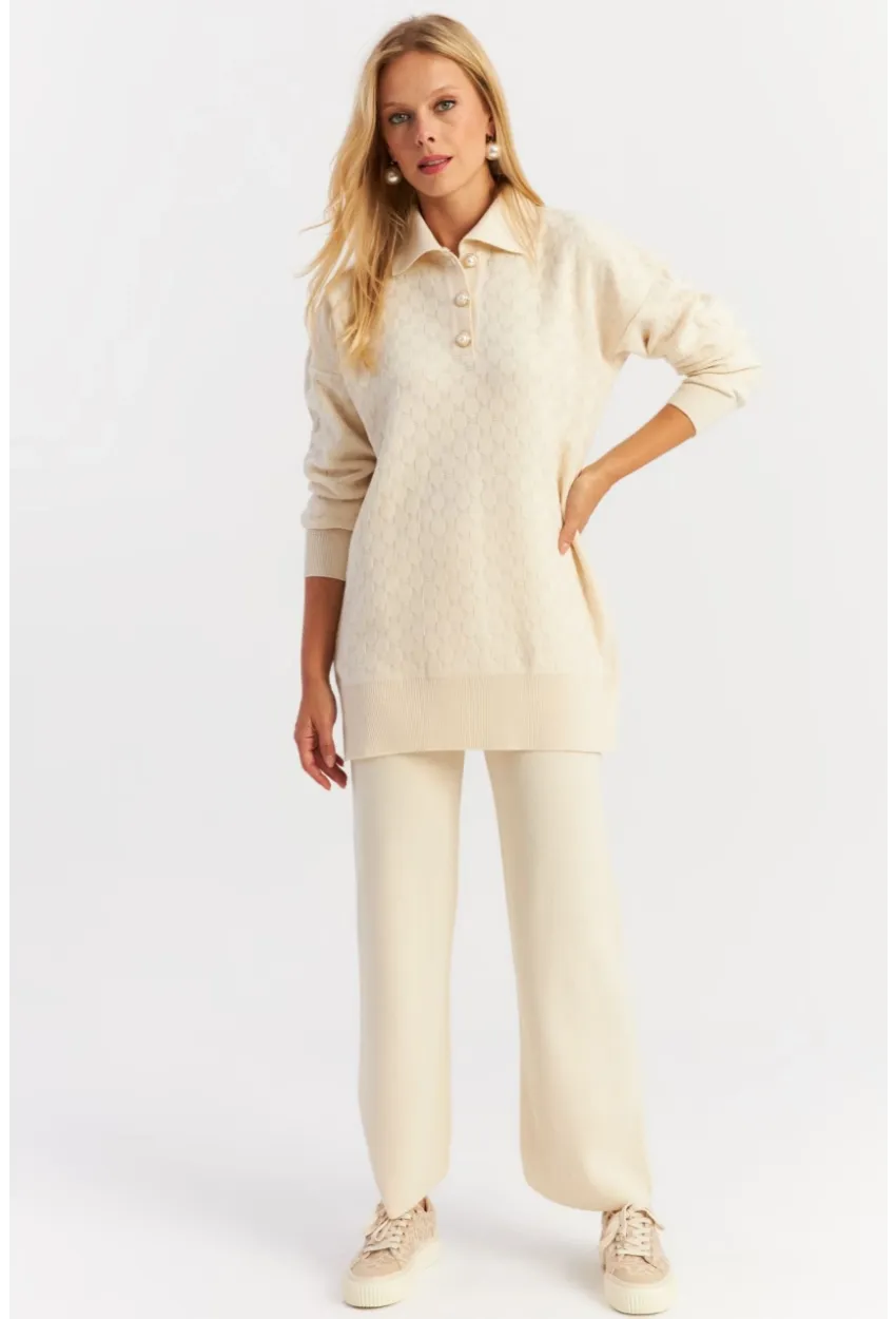 Kadın Ekru İnci Düğmeli Triko Alt Üst Takım NUV33