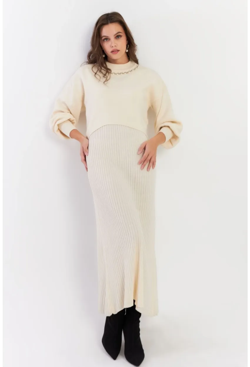 Kadın Ekru İncili Alt Üst Triko Takım NUV37