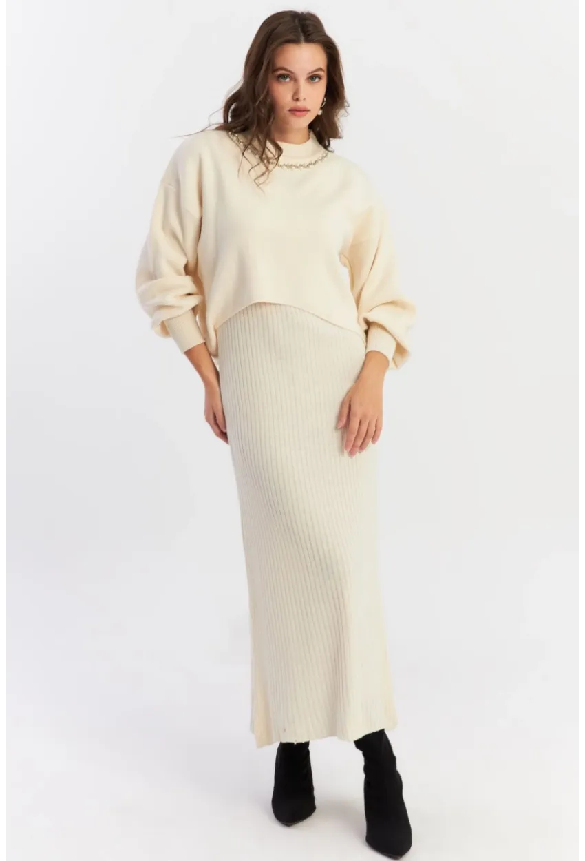 Kadın Ekru İncili Alt Üst Triko Takım NUV37