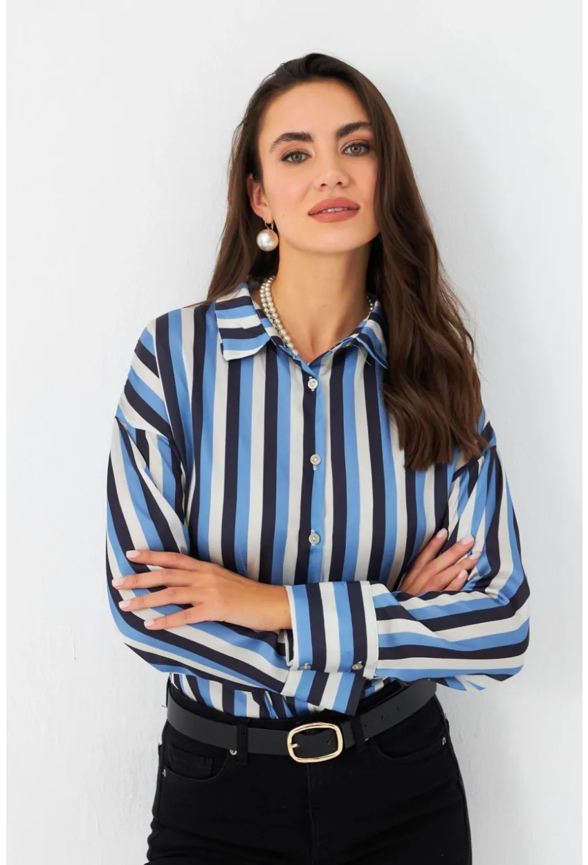 Kadın Ekru-İndigo Desenli Saten Gömlek MSHR500