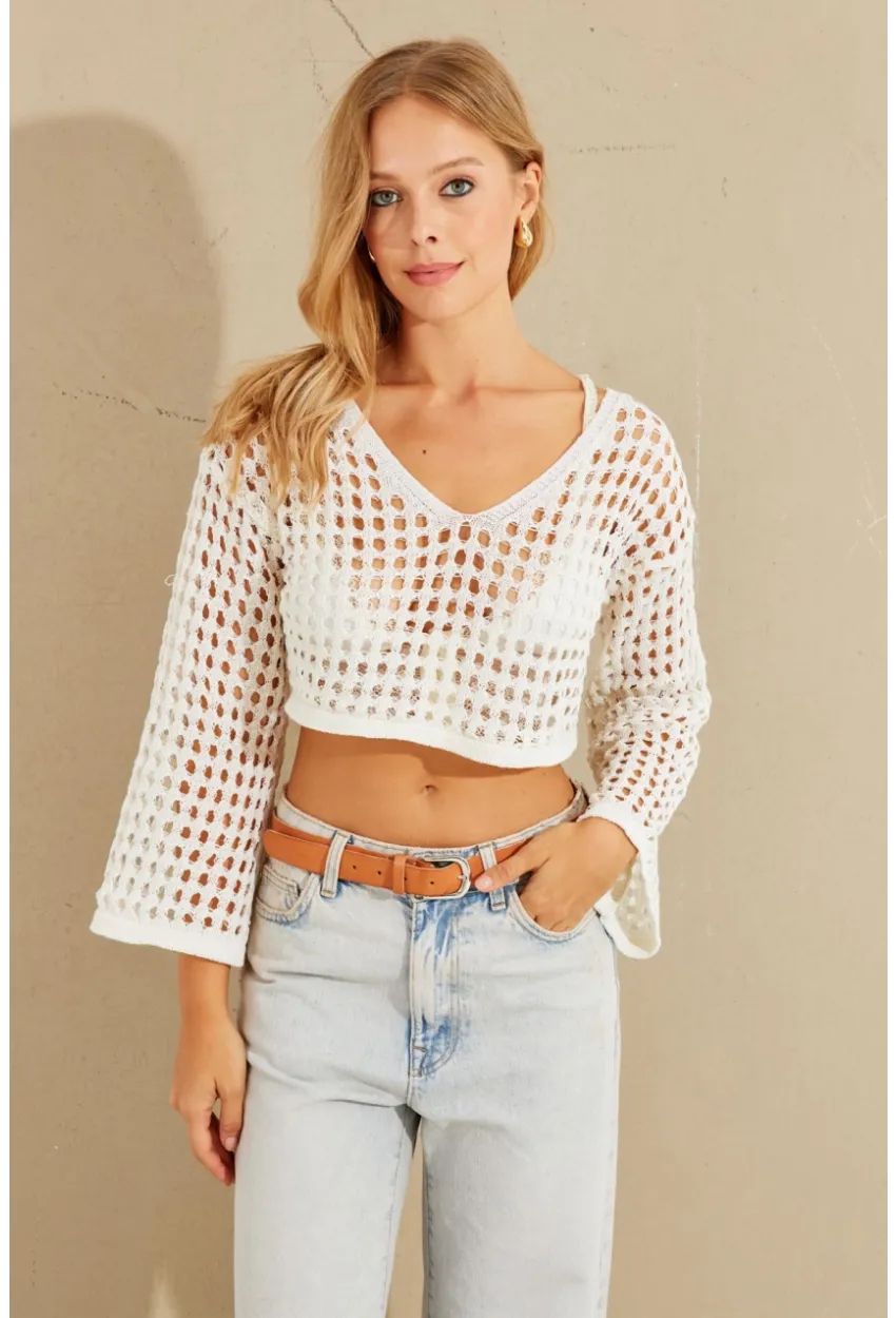 Kadın Ekru İspanyol Kol Ajurlu Triko Bluz YV203