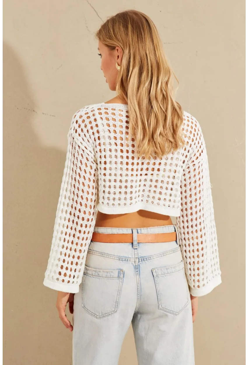 Kadın Ekru İspanyol Kol Ajurlu Triko Bluz YV203