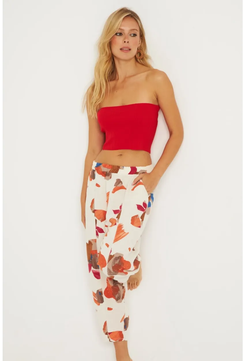 Kadın Ekru-Kahve Desenli Keten Şalvar Pantolon K1253