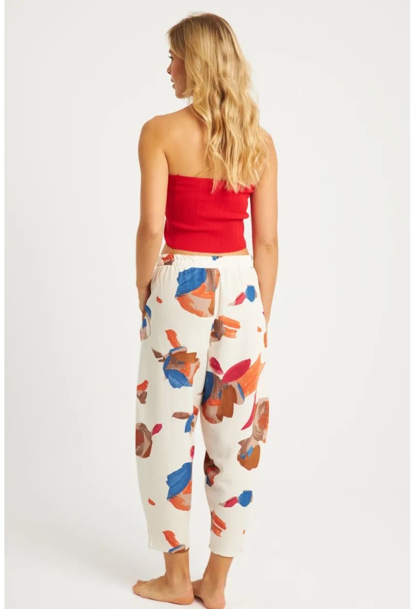 Kadın Ekru-Kahve Desenli Keten Şalvar Pantolon K1253