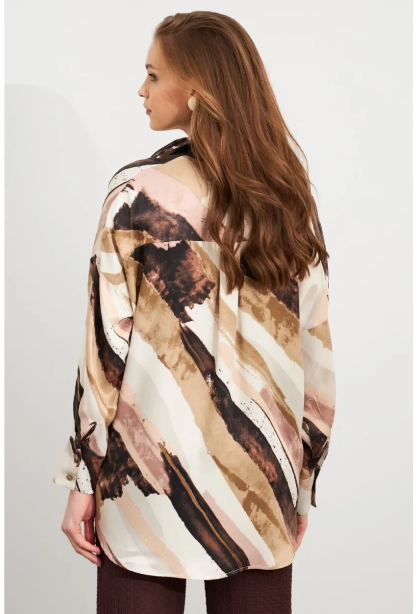 Kadın Ekru-Kahve Desenli Saten Gömlek MCAR1170