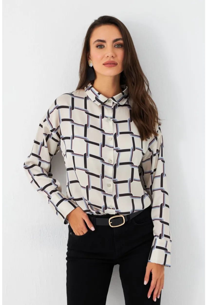 Kadın Ekru-Kahve Desenli Saten Gömlek MSHR500