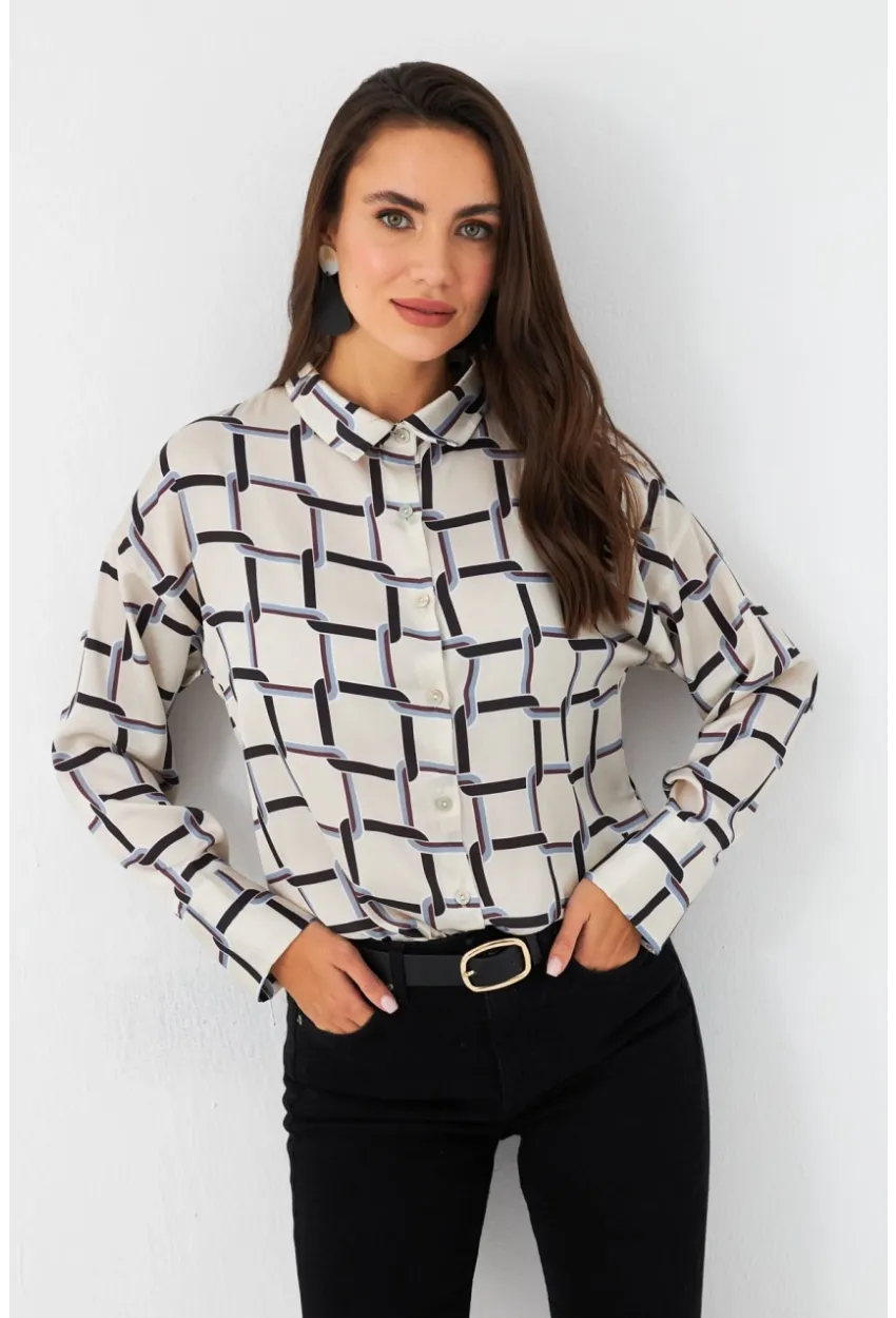 Kadın Ekru-Kahve Desenli Saten Gömlek MSHR500